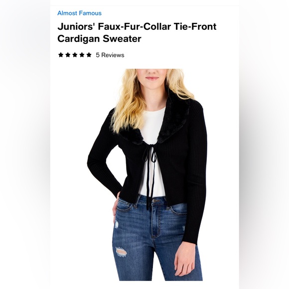 NWT Juniors' Faux-Fur-Collar Tie-Front Cardigan Sweater Removable collar - Picture 7 of 10